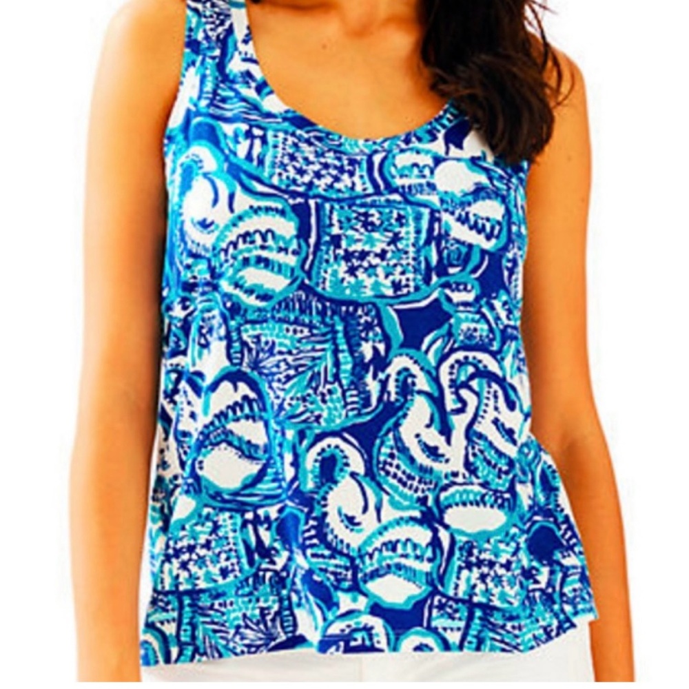 LILLY PULITZER Crayton Tank Top Indian Elephant Print Keep On Trunkin' Blue XS